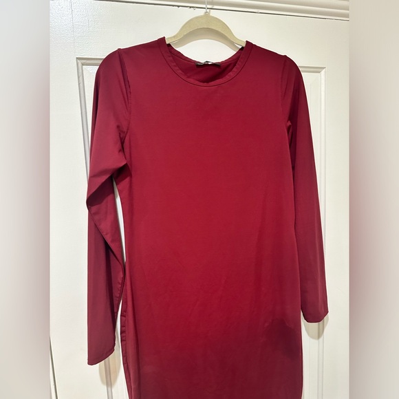 Zara dark burgundy long sleeve crewneck midi bodycon dress - Picture 3 of 8